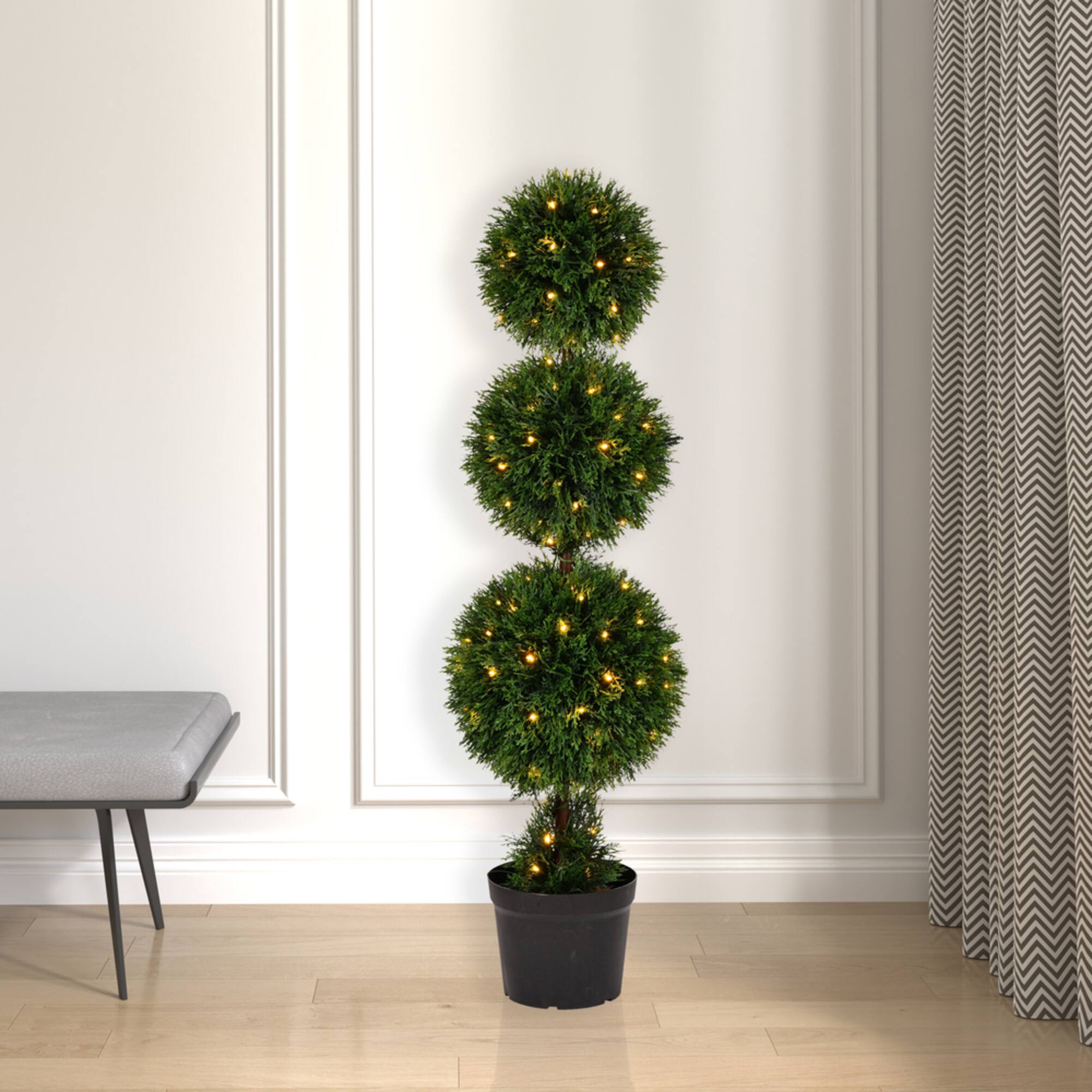 4ft. Pre-Lit Potted Cedar Triple Ball Topiary Tree